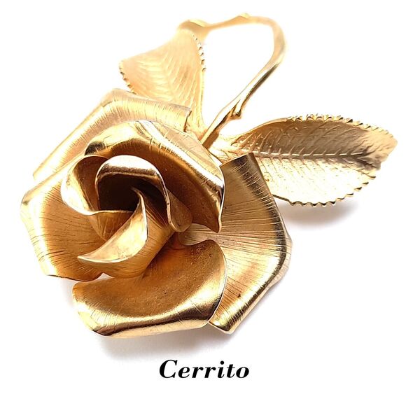 Cerrito Rose Brooch Pin 22K Gold Plate Hand Made - Picture 6 of 9